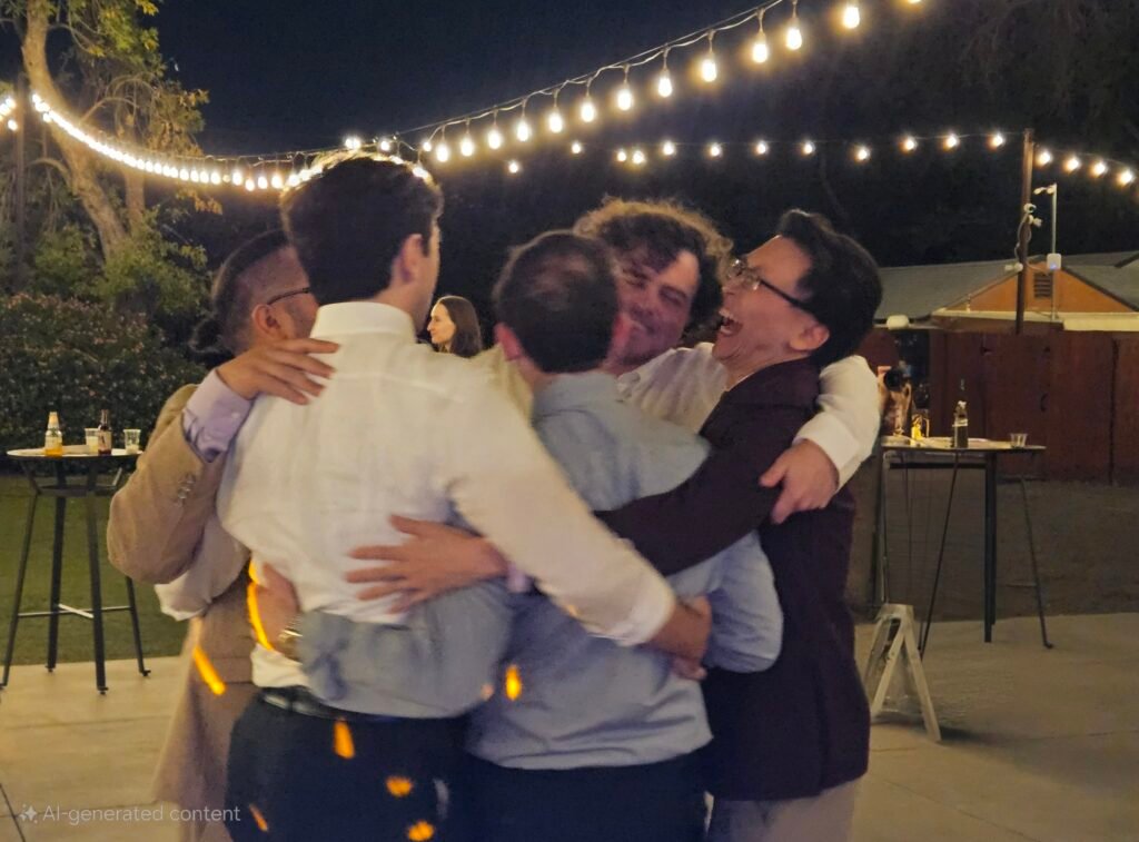wedding party huddle on dance floor